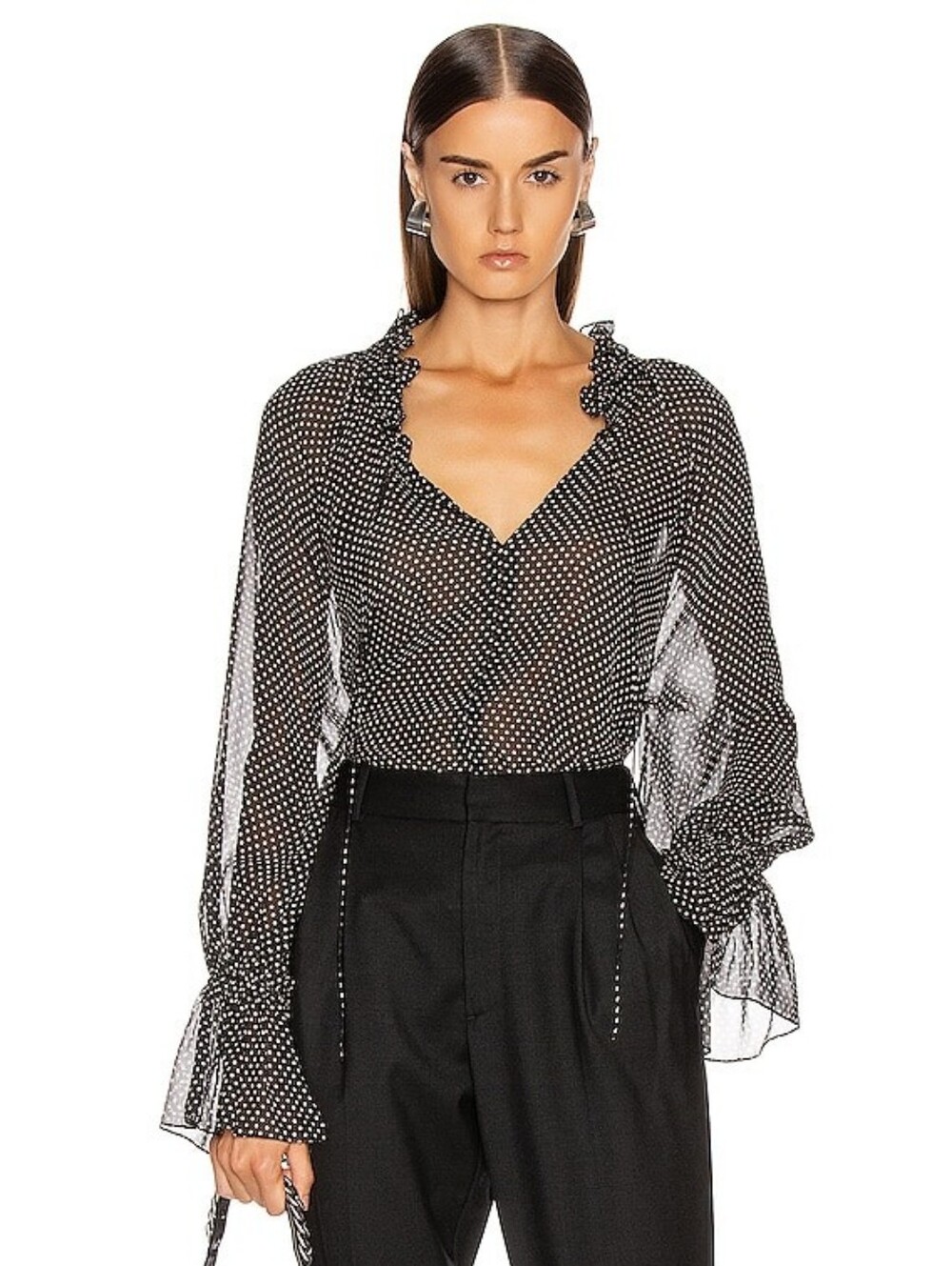 Nili Lotan Royan 100% Silk Black & Ivory Polka Dot Ruffle Tie Sleeve Blouse XS